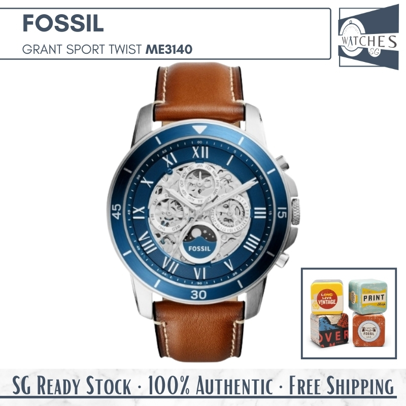 (SG LOCAL) Fossil ME3140 Grant Sport Twist Automatic Skeleton Dial Leather Strap Men Watch