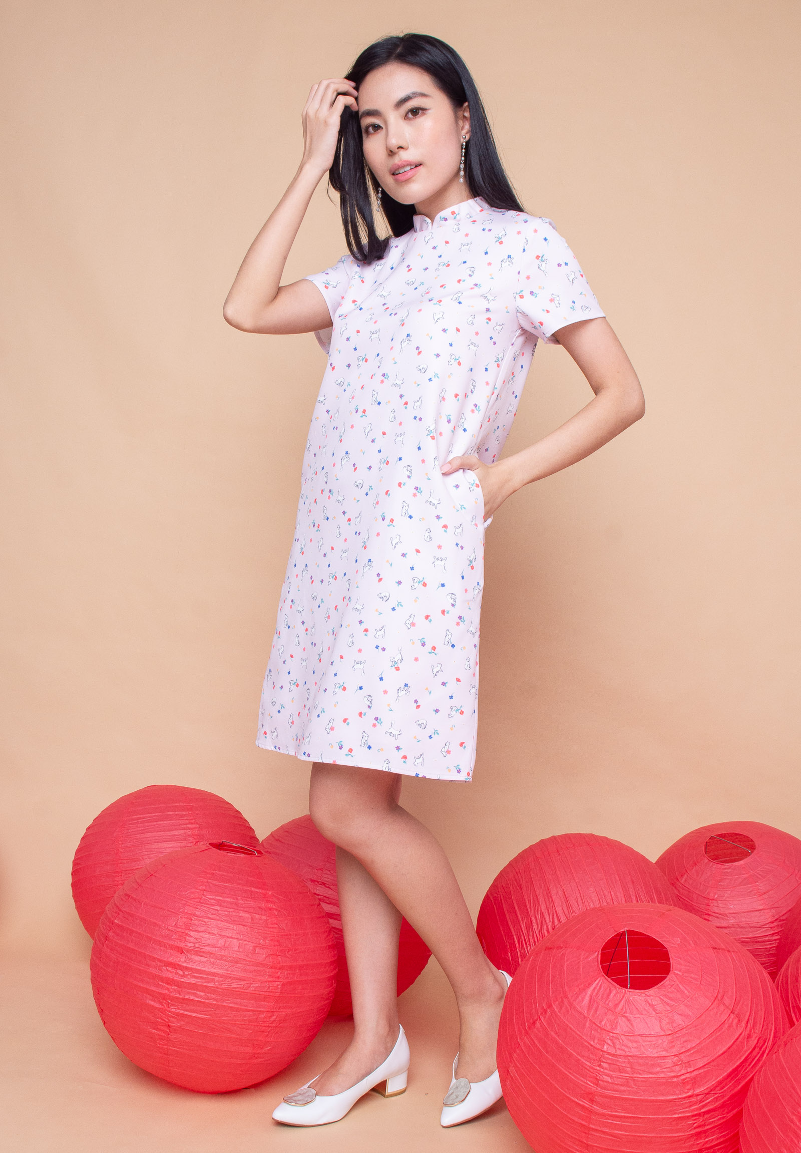 LZZIE FLORAL CATS DETACHABLE COLLAR CHEONGSAM DRESS - 100% AUTHENTIC