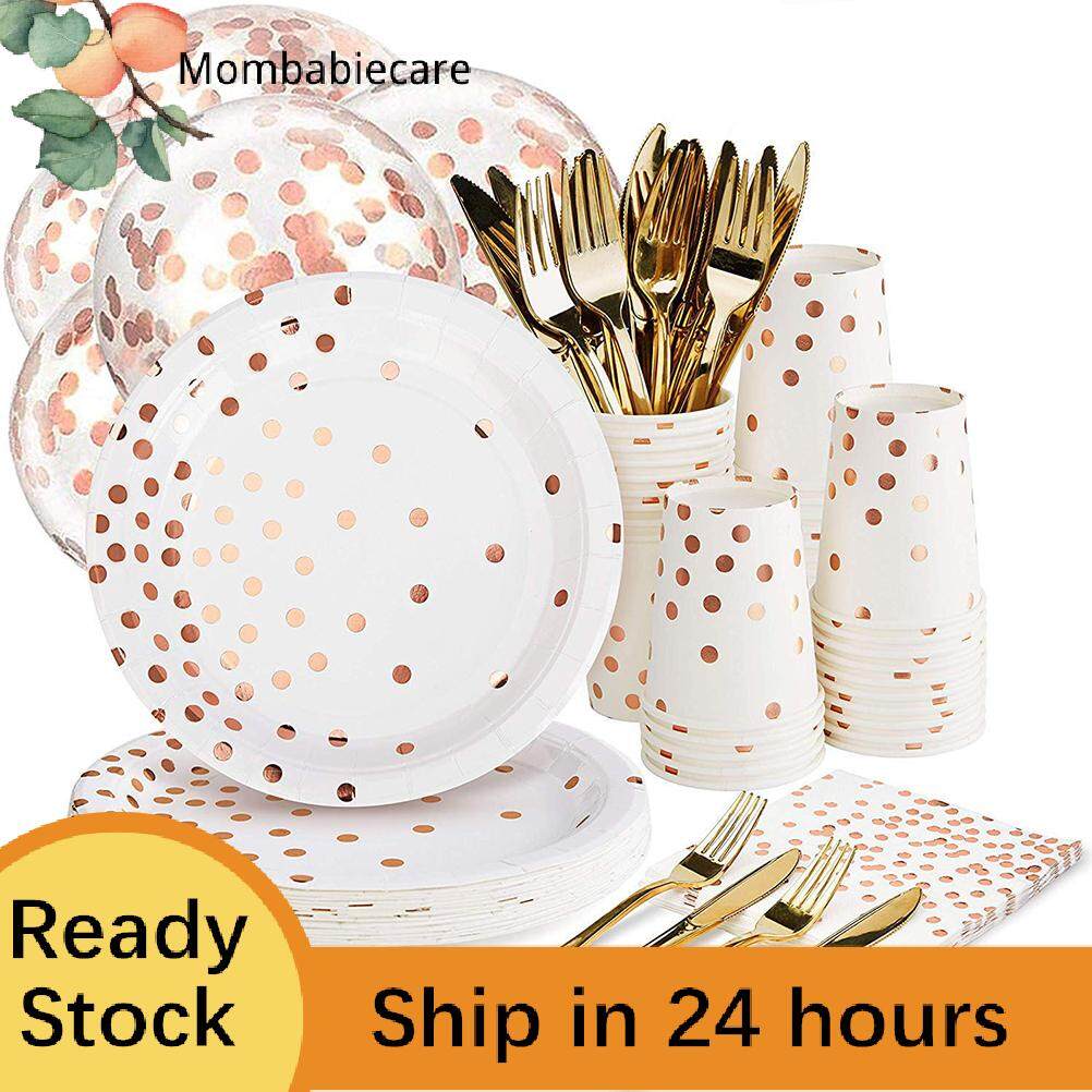 Mombabiecare 168PCS Rose Golden Dot Disposable Party Dinnerware Paper Plates Napkins Cups Gold Plastic Forks Spoons for Birthday Party