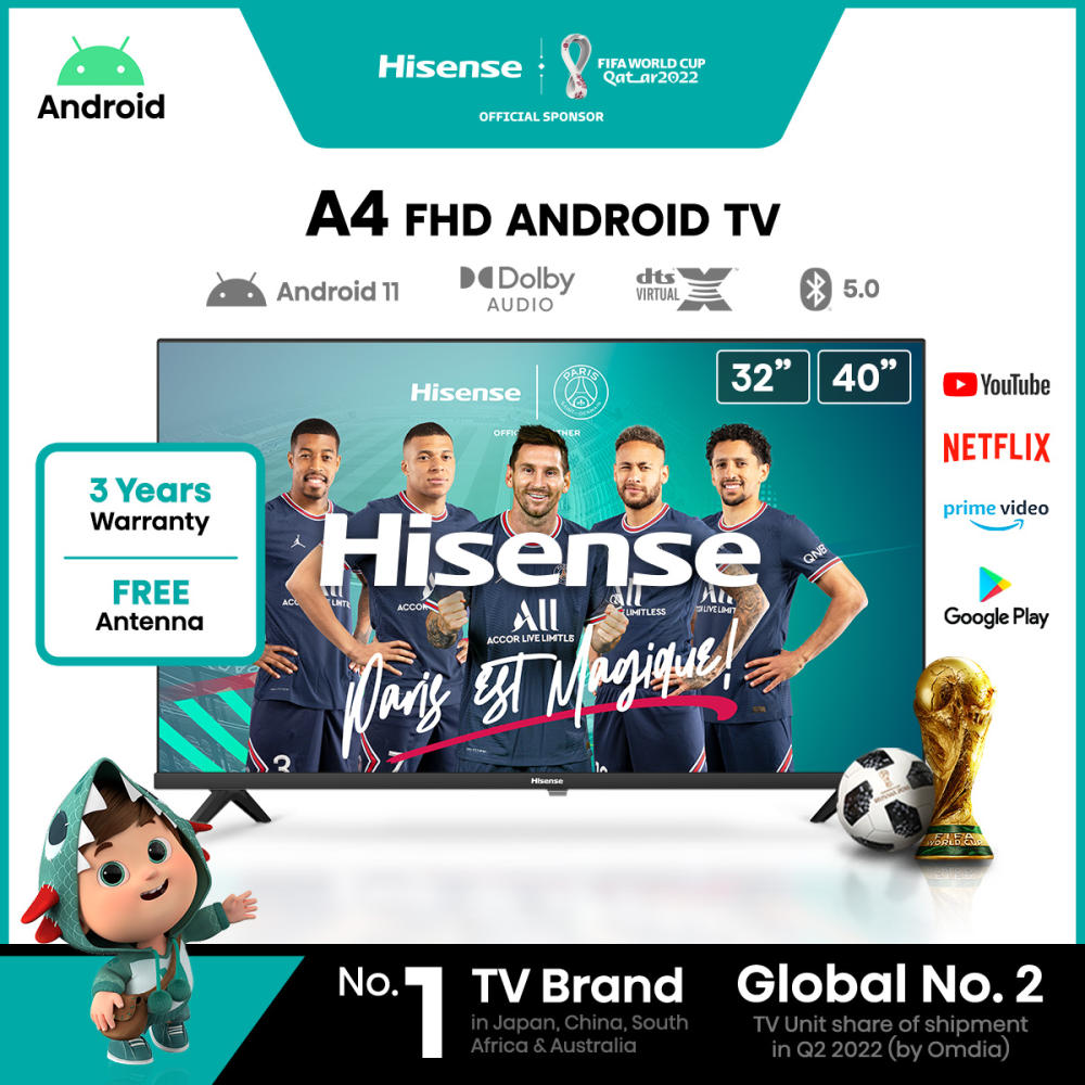 Hisense A4 32" 40'' Android TV | Google Play | Android 11 | Dual Wifi 2.4+5G | DTS Virtual X | Dolby Audio | Bezelless | Smart TV | Bluetooth Remote | Youtube | Netflix | Disney+ | Google voice contro