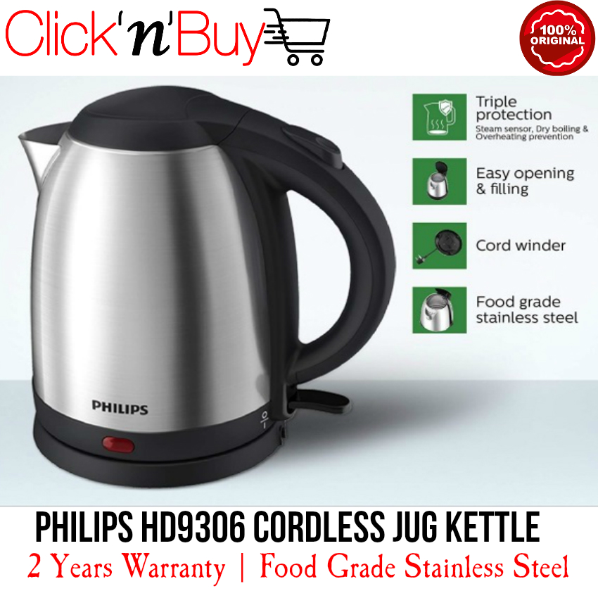 Philips HD9306 Jug Kettle. Philips HD9306/03. 1.5 Litres Capacity. 1800 Watts Power. Cordless Base With Cord Winder. 75cm Power Cord. One Touch Spring Lid. UK STRIX Thermostat. Safety Mark Approved. 2