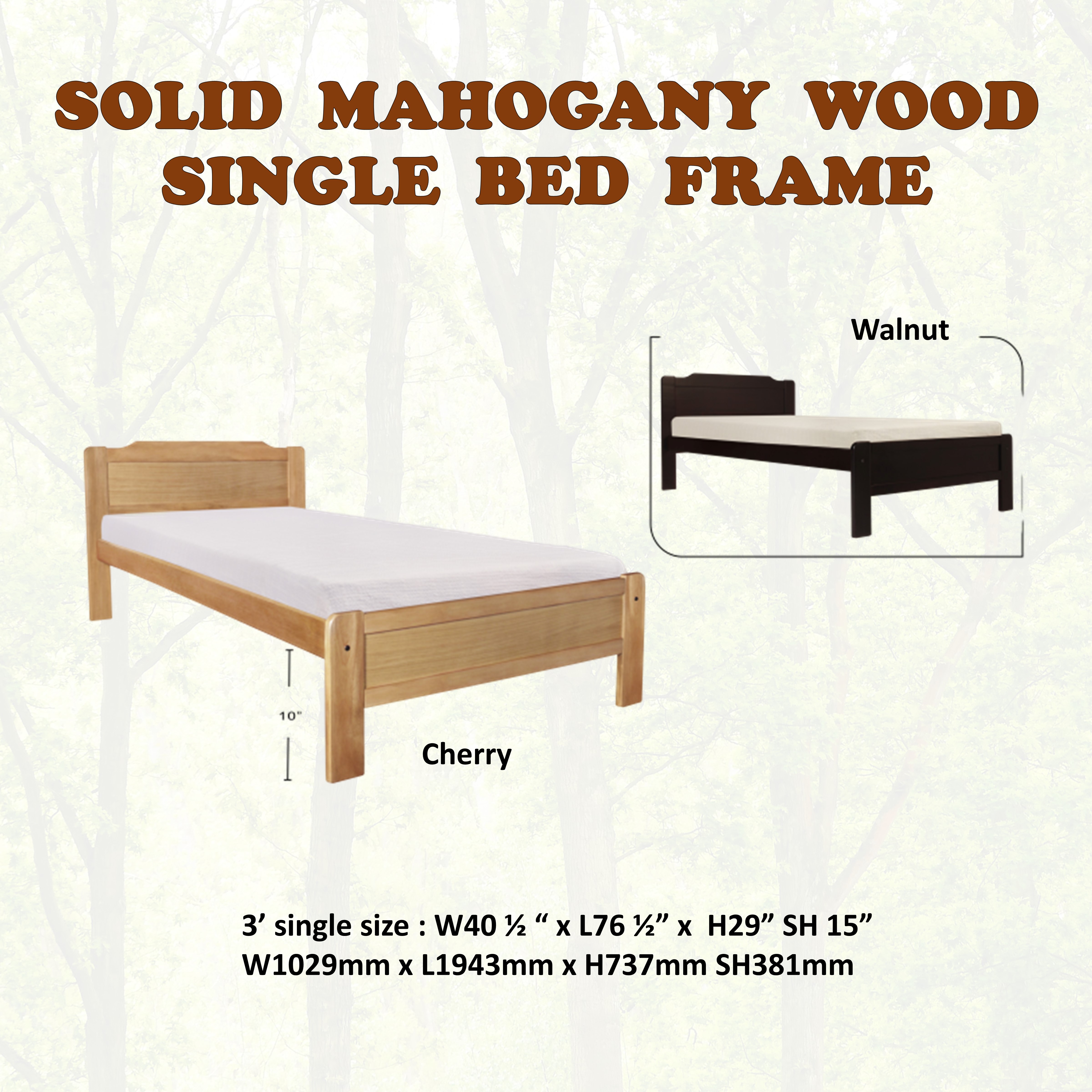 HENRY Mahogany Solid Wooden Single / Super Single Bed Frame In Cherry & Walnut Color