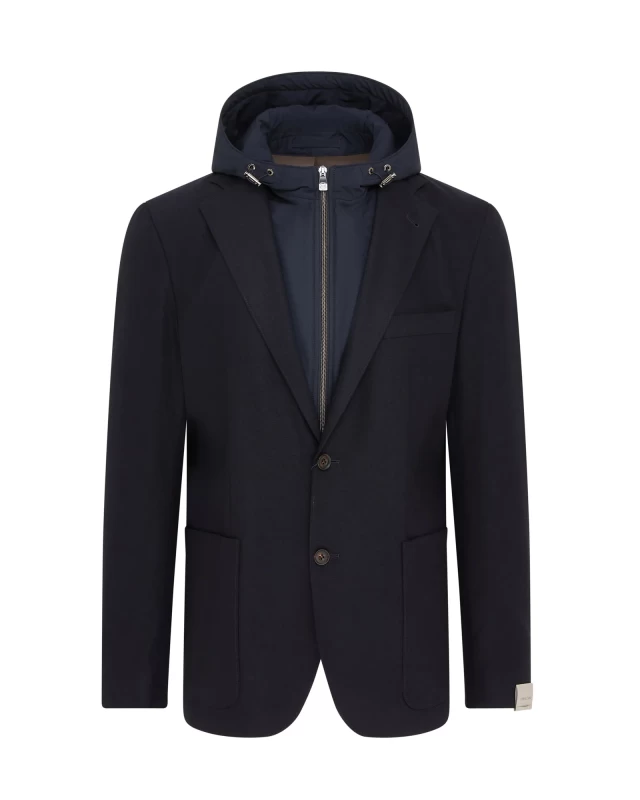 Corneliani Tech Wool & Cashmere Hooded Blazer With Detachable Chest Piece (Navy)