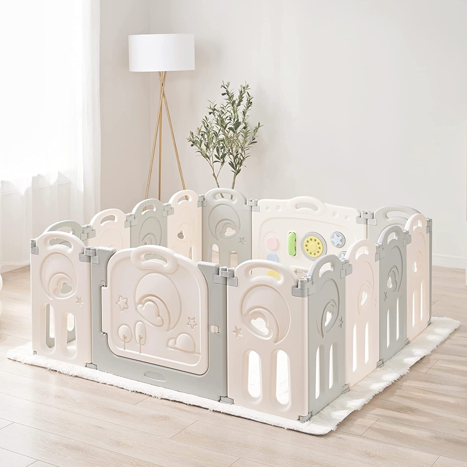 Fortella Cloud Castle Playpen Foldable with Toy Panel and Whiteboard Baby Gift Gray & White (14 Pieces)